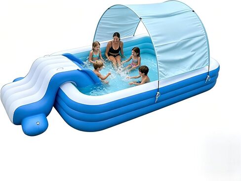 Nuwni 8 FT Inflatable Pool with Water Slide & UV Protection Canopy, 98x55x21 Inch Family Blow Up Pool for Toddlers and Kids, Thickened PVC Kiddie Pool for Backyard Small Space Summer Water Fun in Kuwait