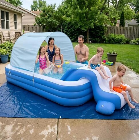 Nuwni 8 FT Inflatable Pool with Water Slide & UV Protection Canopy, 98x55x21 Inch Family Blow Up Pool for Toddlers and Kids, Thickened PVC Kiddie Pool for Backyard Small Space Summer Water Fun in Kuwait