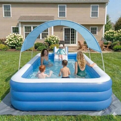 Nuwni 8 FT Inflatable Pool with Water Slide & UV Protection Canopy, 98x55x21 Inch Family Blow Up Pool for Toddlers and Kids, Thickened PVC Kiddie Pool for Backyard Small Space Summer Water Fun in Kuwait