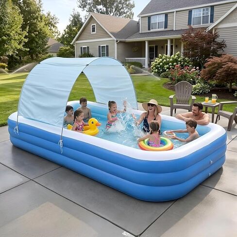 Nuwni 8 FT Inflatable Pool with Water Slide & UV Protection Canopy, 98x55x21 Inch Family Blow Up Pool for Toddlers and Kids, Thickened PVC Kiddie Pool for Backyard Small Space Summer Water Fun in Kuwait