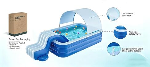 Nuwni 8 FT Inflatable Pool with Water Slide & UV Protection Canopy, 98x55x21 Inch Family Blow Up Pool for Toddlers and Kids, Thickened PVC Kiddie Pool for Backyard Small Space Summer Water Fun in Kuwait