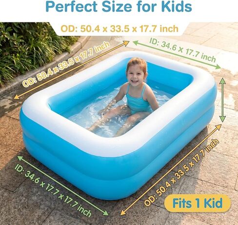 Kids Inflatable Swimming Pool 128x85x45cm BPA-Free Blue White Backyard Outdoor Summer Water Play OD: 50.39 * 33.46 * 17.72inch ; ID：34.65 * 17.72 * 17.72inch in Kuwait
