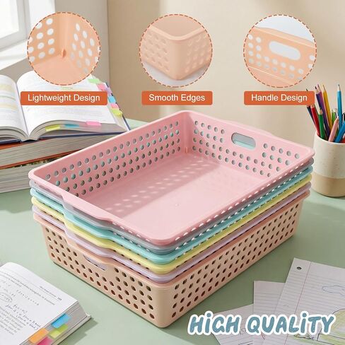 Tenceur 6 Pcs Plastic Classroom Storage Baskets, Pastel Stackable Paper Baskets for Classroom Organization, Turn in Trays for Teachers, Library Office Desk Organizer, 13.5 x 10 x 3.1 Inches in Kuwait