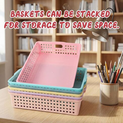Tenceur 6 Pcs Plastic Classroom Storage Baskets, Pastel Stackable Paper Baskets for Classroom Organization, Turn in Trays for Teachers, Library Office Desk Organizer, 13.5 x 10 x 3.1 Inches in Kuwait