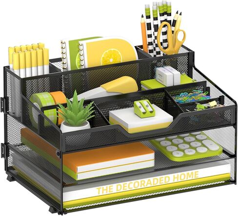 SUPEASY 3 Tier Desk Organizer, Mesh Letter Tray Paper Organizer with 5 Adjustable Storage Compartments & Pen Holder, Metal Desk Accessories for Home Office School, Black in Kuwait