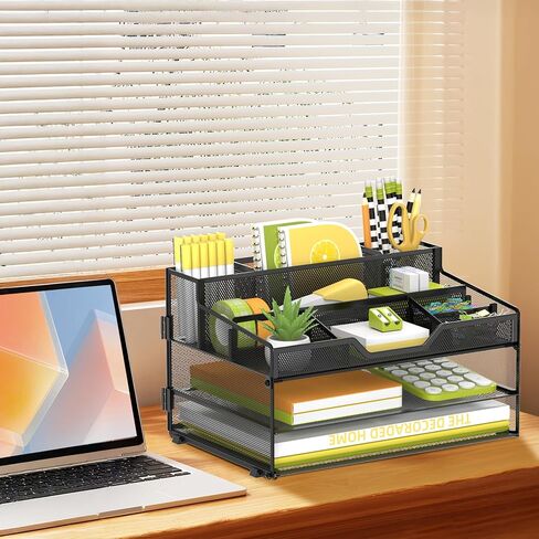 SUPEASY 3 Tier Desk Organizer, Mesh Letter Tray Paper Organizer with 5 Adjustable Storage Compartments & Pen Holder, Metal Desk Accessories for Home Office School, Black in Kuwait