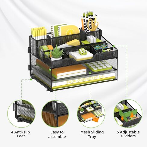 SUPEASY 3 Tier Desk Organizer, Mesh Letter Tray Paper Organizer with 5 Adjustable Storage Compartments & Pen Holder, Metal Desk Accessories for Home Office School, Black in Kuwait