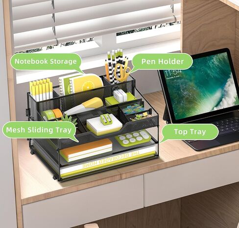 SUPEASY 3 Tier Desk Organizer, Mesh Letter Tray Paper Organizer with 5 Adjustable Storage Compartments & Pen Holder, Metal Desk Accessories for Home Office School, Black in Kuwait