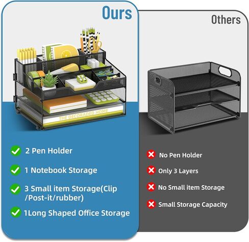 SUPEASY 3 Tier Desk Organizer, Mesh Letter Tray Paper Organizer with 5 Adjustable Storage Compartments & Pen Holder, Metal Desk Accessories for Home Office School, Black in Kuwait