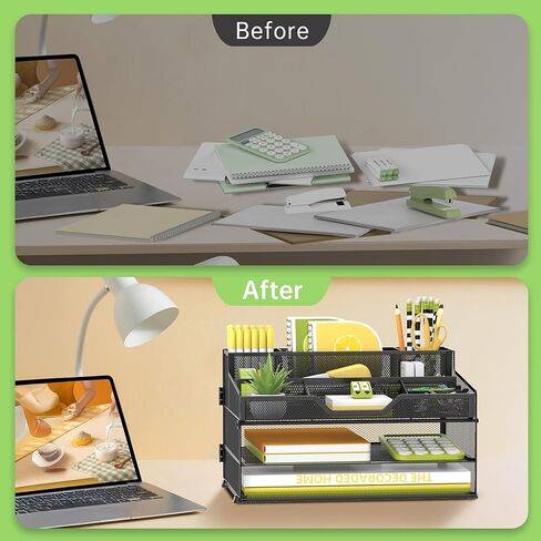 SUPEASY 3 Tier Desk Organizer, Mesh Letter Tray Paper Organizer with 5 Adjustable Storage Compartments & Pen Holder, Metal Desk Accessories for Home Office School, Black in Kuwait