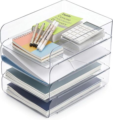 CiWiVOKi 4 Trays Paper Organizer Letter Tray, Acrylic Clear PET Desk File Organizer, Stackable Paper Holder Sorter for Desk Accessories, Files, Documents, iPad, Books, A4 Size, No Assembly Required in Kuwait