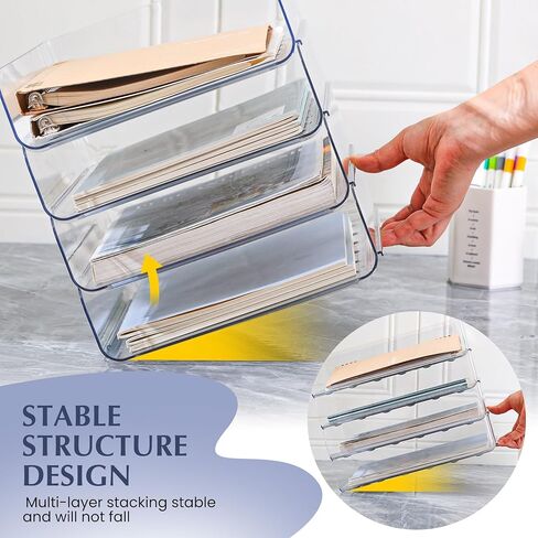 CiWiVOKi 4 Trays Paper Organizer Letter Tray, Acrylic Clear PET Desk File Organizer, Stackable Paper Holder Sorter for Desk Accessories, Files, Documents, iPad, Books, A4 Size, No Assembly Required in Kuwait