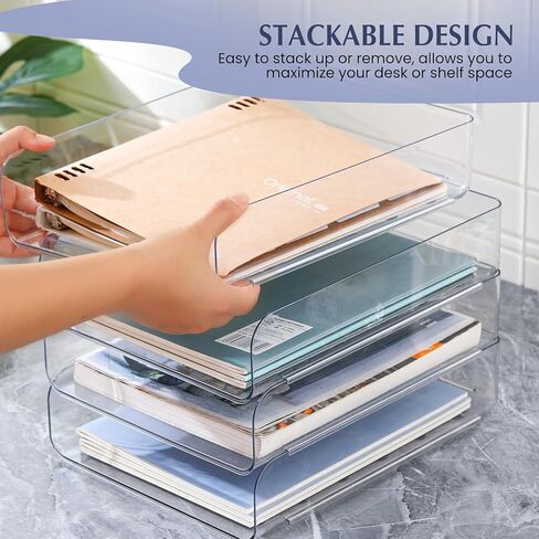 CiWiVOKi 4 Trays Paper Organizer Letter Tray, Acrylic Clear PET Desk File Organizer, Stackable Paper Holder Sorter for Desk Accessories, Files, Documents, iPad, Books, A4 Size, No Assembly Required in Kuwait