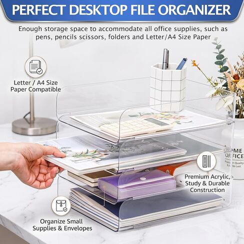 CiWiVOKi 4 Trays Paper Organizer Letter Tray, Acrylic Clear PET Desk File Organizer, Stackable Paper Holder Sorter for Desk Accessories, Files, Documents, iPad, Books, A4 Size, No Assembly Required in Kuwait