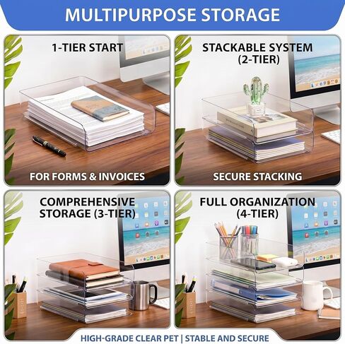 CiWiVOKi 4 Trays Paper Organizer Letter Tray, Acrylic Clear PET Desk File Organizer, Stackable Paper Holder Sorter for Desk Accessories, Files, Documents, iPad, Books, A4 Size, No Assembly Required in Kuwait