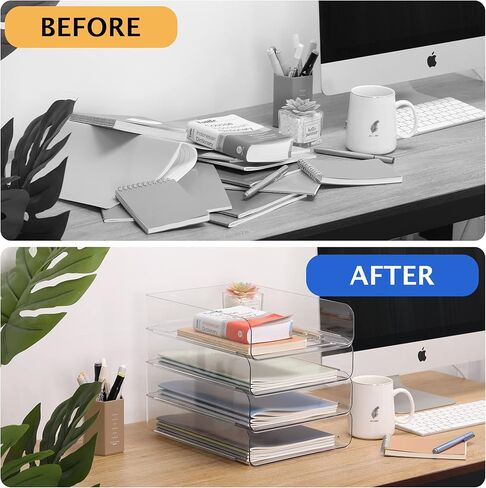 CiWiVOKi 4 Trays Paper Organizer Letter Tray, Acrylic Clear PET Desk File Organizer, Stackable Paper Holder Sorter for Desk Accessories, Files, Documents, iPad, Books, A4 Size, No Assembly Required in Kuwait