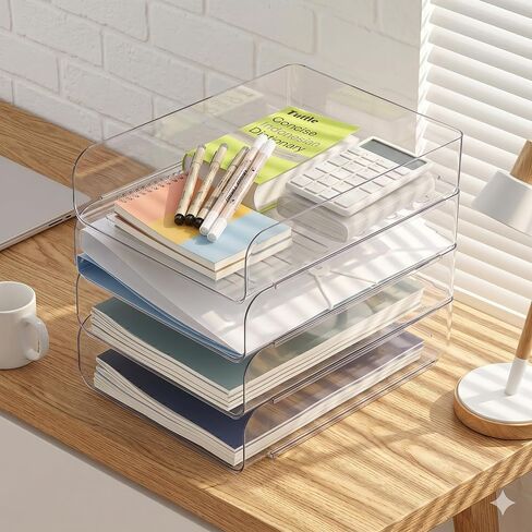 CiWiVOKi 4 Trays Paper Organizer Letter Tray, Acrylic Clear PET Desk File Organizer, Stackable Paper Holder Sorter for Desk Accessories, Files, Documents, iPad, Books, A4 Size, No Assembly Required in Kuwait