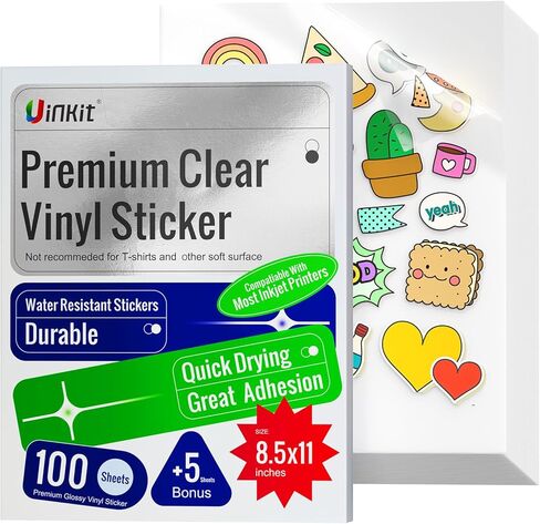 Uinkit 105Sheets Premium 90% Clear Vinyl Sticker Paper for Inkjet Printer - Include 100 Sheets Clear and 5Sheets Glossy Label Waterproof, Dries Quickly Vivid Colors, Holds Ink Well in Kuwait