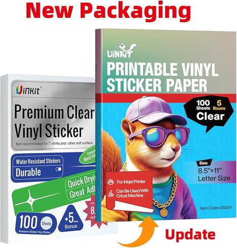 Uinkit 105Sheets Premium 90% Clear Vinyl Sticker Paper for Inkjet Printer - Include 100 Sheets Clear and 5Sheets Glossy Label Waterproof, Dries Quickly Vivid Colors, Holds Ink Well in Kuwait