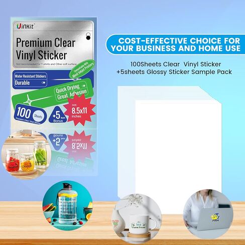 Uinkit 105Sheets Premium 90% Clear Vinyl Sticker Paper for Inkjet Printer - Include 100 Sheets Clear and 5Sheets Glossy Label Waterproof, Dries Quickly Vivid Colors, Holds Ink Well in Kuwait