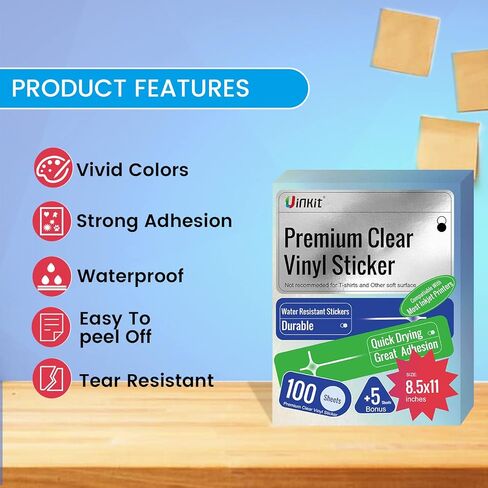 Uinkit 105Sheets Premium 90% Clear Vinyl Sticker Paper for Inkjet Printer - Include 100 Sheets Clear and 5Sheets Glossy Label Waterproof, Dries Quickly Vivid Colors, Holds Ink Well in Kuwait
