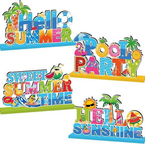 4pcs Summer Party Decorations Wooden Table Centerpiece Hello Summer Table Decorations Sweet Summer Time Tabletop Tiered Tray Decor for Holiday Tropical Hawaiian Themed Pool Party Supplies in Kuwait