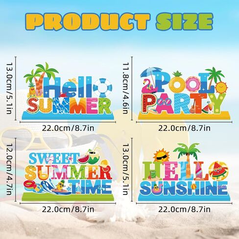 4pcs Summer Party Decorations Wooden Table Centerpiece Hello Summer Table Decorations Sweet Summer Time Tabletop Tiered Tray Decor for Holiday Tropical Hawaiian Themed Pool Party Supplies in Kuwait