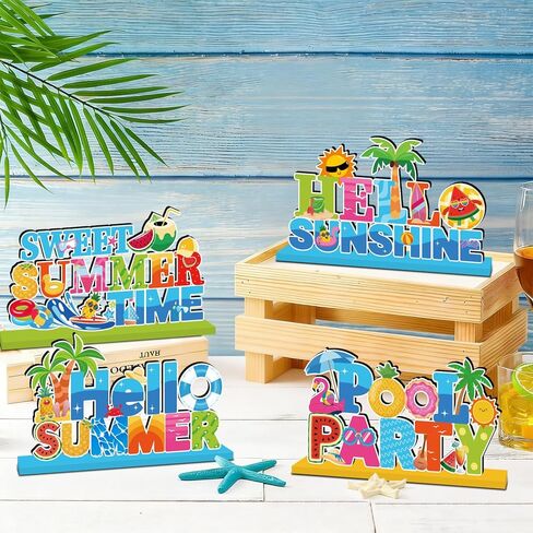 4pcs Summer Party Decorations Wooden Table Centerpiece Hello Summer Table Decorations Sweet Summer Time Tabletop Tiered Tray Decor for Holiday Tropical Hawaiian Themed Pool Party Supplies in Kuwait