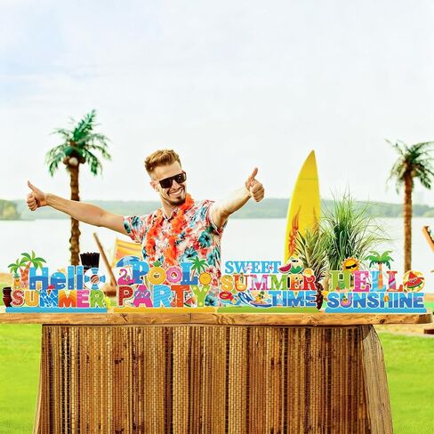 4pcs Summer Party Decorations Wooden Table Centerpiece Hello Summer Table Decorations Sweet Summer Time Tabletop Tiered Tray Decor for Holiday Tropical Hawaiian Themed Pool Party Supplies in Kuwait