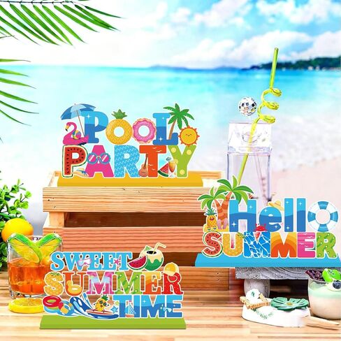 4pcs Summer Party Decorations Wooden Table Centerpiece Hello Summer Table Decorations Sweet Summer Time Tabletop Tiered Tray Decor for Holiday Tropical Hawaiian Themed Pool Party Supplies in Kuwait