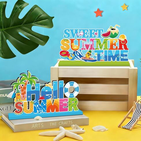 4pcs Summer Party Decorations Wooden Table Centerpiece Hello Summer Table Decorations Sweet Summer Time Tabletop Tiered Tray Decor for Holiday Tropical Hawaiian Themed Pool Party Supplies in Kuwait