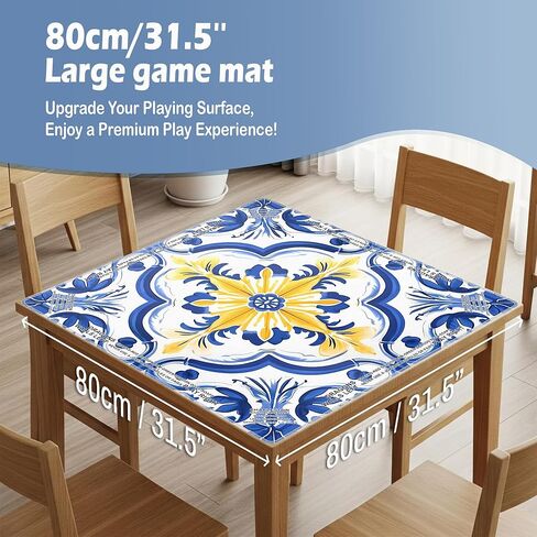Blue Chinoiserie Flower Mahjong Mat 31.5 x 31.5 Inch, Vintage Blue and Yellow Azulejo Non-Slip Noise Reduction Mahjong Table Mat for American Mah Jong Poker Card Board Games Dominoes in Kuwait