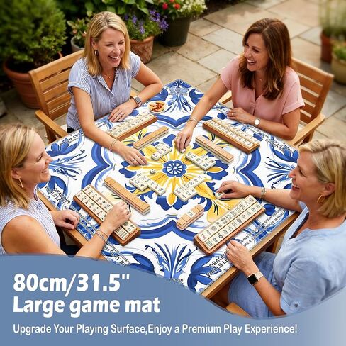 Blue Chinoiserie Flower Mahjong Mat 31.5 x 31.5 Inch, Vintage Blue and Yellow Azulejo Non-Slip Noise Reduction Mahjong Table Mat for American Mah Jong Poker Card Board Games Dominoes in Kuwait