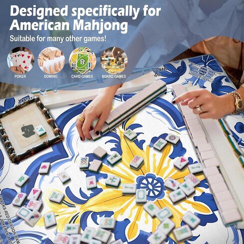 Blue Chinoiserie Flower Mahjong Mat 31.5 x 31.5 Inch, Vintage Blue and Yellow Azulejo Non-Slip Noise Reduction Mahjong Table Mat for American Mah Jong Poker Card Board Games Dominoes in Kuwait
