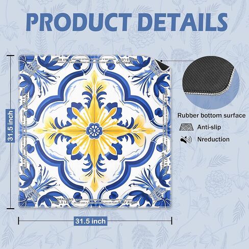 Blue Chinoiserie Flower Mahjong Mat 31.5 x 31.5 Inch, Vintage Blue and Yellow Azulejo Non-Slip Noise Reduction Mahjong Table Mat for American Mah Jong Poker Card Board Games Dominoes in Kuwait