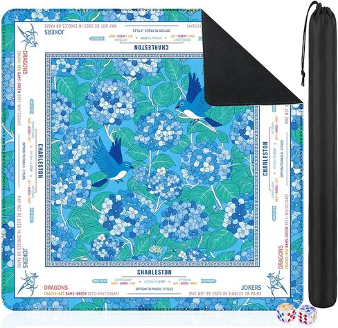 Mahjong Mat 33"x33" for Table with Two Dices Non Slip Noise Reduction, Blue Flower Bird American Mahjong Mat with Rules for Mah Jong Poker Board Games Dominoes and Card in Kuwait