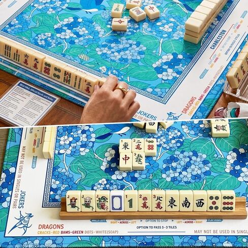Mahjong Mat 33"x33" for Table with Two Dices Non Slip Noise Reduction, Blue Flower Bird American Mahjong Mat with Rules for Mah Jong Poker Board Games Dominoes and Card in Kuwait