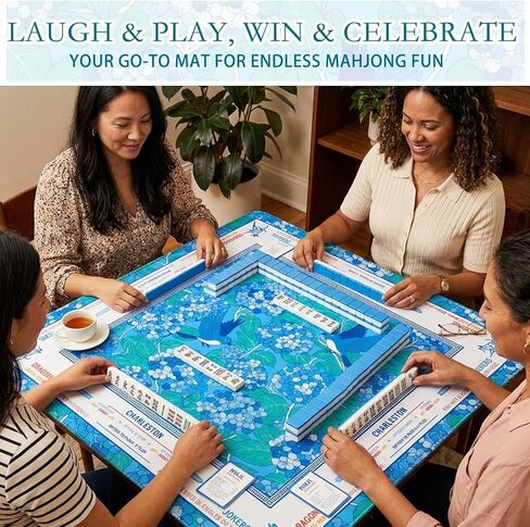 Mahjong Mat 33"x33" for Table with Two Dices Non Slip Noise Reduction, Blue Flower Bird American Mahjong Mat with Rules for Mah Jong Poker Board Games Dominoes and Card in Kuwait