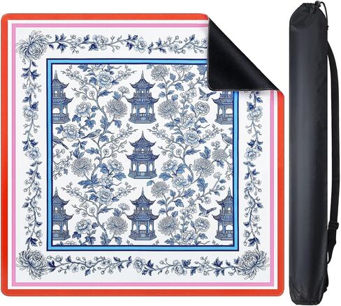 Outus Blue Chinese Mahjong Mat 31.5" x 31.5‘' with Black Carrying Bag, Anti-Slip Rubber, Noise-reducing Chinoiserie Pagoda Table Cover for Mahjong, Poker Board Games Dominoes and Card Games in Kuwait