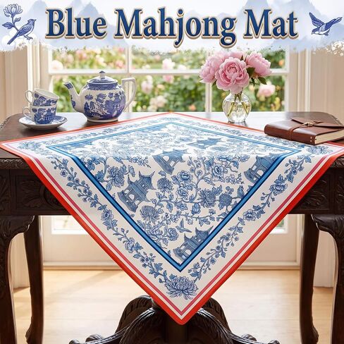 Outus Blue Chinese Mahjong Mat 31.5" x 31.5‘' with Black Carrying Bag, Anti-Slip Rubber, Noise-reducing Chinoiserie Pagoda Table Cover for Mahjong, Poker Board Games Dominoes and Card Games in Kuwait