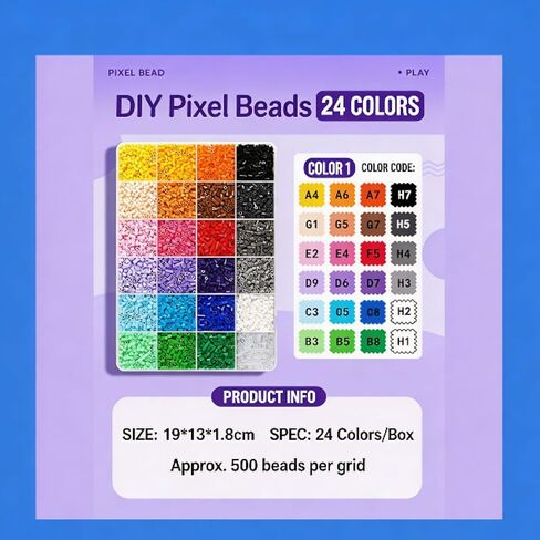 24 Colors 12,000 pcs Perler Beads & Fuse Beads, Pre-Sorted Bulk Set with Storage Cases, 2.6mm Mini Beads for Pixel Art, Keychains, Crafts & Gifts （B1 Color Chart） in Kuwait