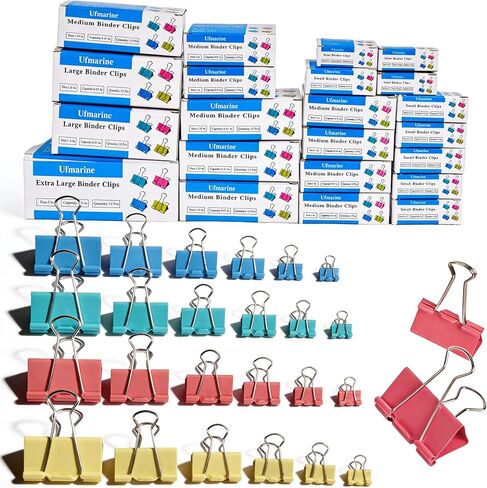 Ufmarine 300 Pcs Binder Clips Assorted Sizes Colored, Extra Large, Large, Medium, Small, XS, Mini, Paper Clips Office Supply in Kuwait
