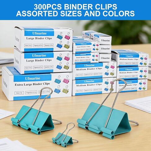 Ufmarine 300 Pcs Binder Clips Assorted Sizes Colored, Extra Large, Large, Medium, Small, XS, Mini, Paper Clips Office Supply in Kuwait