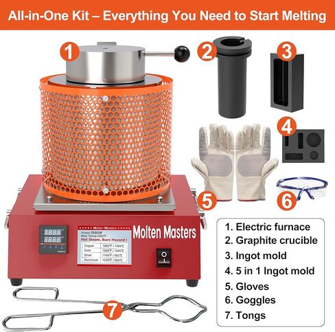 MMasters Complete 3KG Electric Melting Furnace Kit – Smelting Set with Graphite Crucible, Ingot Mold, Tongs, Gloves & Goggles – Ideal for Gold, Silver, Copper, Aluminum Refining in Kuwait