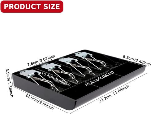 Cash Register Drawer, 4 Bill/3 Coin Market Storage Coin Register, Cash Money Tray Replacement Insert Tray Storage Case with Clip for Supermarkets, Shops, Hotels(Metal Clip,12.68x9.65x1.38inch) in Kuwait