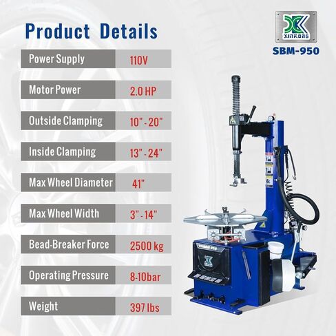 XK-950 Tire Changer Machine 110V Voltage 2.0 Horsepower Single Machine Rim Clamp with Air Bead Blaster Function and 12 Month Parts Replacement in Kuwait