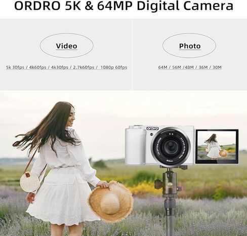 كاميرا تسجيل فيديو رقمية ORDRO 5K لمنشئي المحتوى ومدوني الفيديو، كاميرا رقمية بدقة 64 ميجابكسل لشاشة قلاب للتصوير الفوتوغرافي، كاميرا تكبير بصري 12X، تركيز تلقائي، وظيفة الرؤية الليلية بالأشعة تحت الحمراء، بطاقة 64 جيجابايت in Kuwait