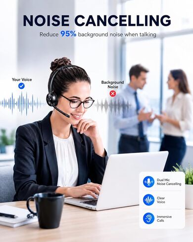 سماعة بلوتوث TECKNET، سماعات رأس لاسلكية على الأذن مع ميكروفون لإلغاء الضوضاء لسائقي الشاحنات، سماعة رأس لاسلكية بدون استخدام اليدين مع ميكروفون كتم الصوت للعمل، الهاتف المحمول، الكمبيوتر الشخصي، المنزل، المكتب، مركز الاتصال in Saudi Arabia