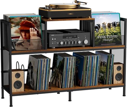 Large Vintage Record Player Table with 4 Adjustable Dividers, Vinyl Record Storage Cabinet for Up to 350 Albums, Medieval Turntable Stand for Living Room, Bedroom, Office (Patent Pending) in Saudi Arabia