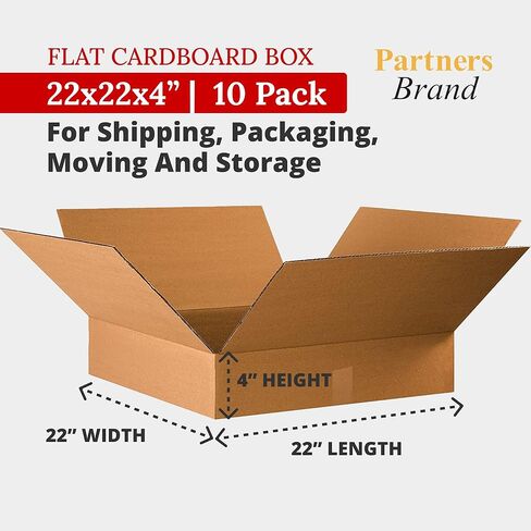 PARTNERS BRAND 22x22x4 Flat Corrugated Boxes, Flat, 22L x 22W x 4H, Pack of 10 | Shipping, Packaging, Moving, Storage Box for Home or Business, Strong Wholesale Bulk Boxes in Saudi Arabia